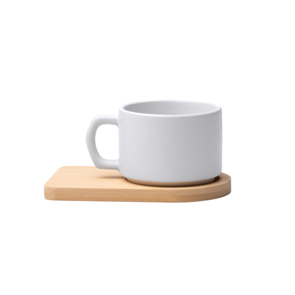 Tazza in ceramica con finitura esterna opaca, manico dal design irregolare e base in bambù. Capacità 180 ml,sublimatica