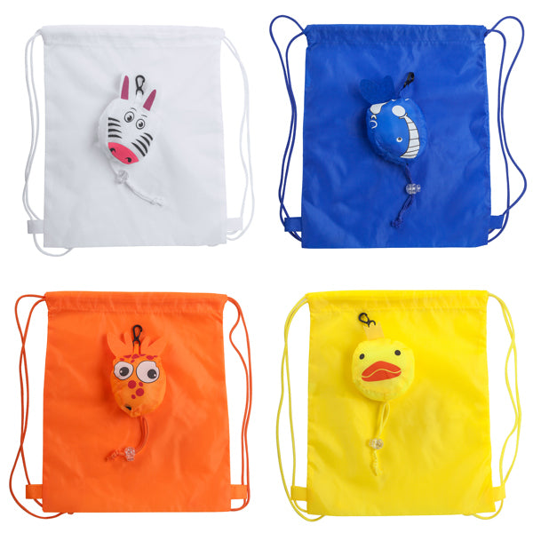 Zaino pieghevole per bambini in poliestere 190T. Tasca pieghevole a forma di animaletti.