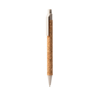 Penna a sfera linea Nature con corpo in sughero. Puntale, pulsante e clip in fibra di grano. Inchiostro blu.