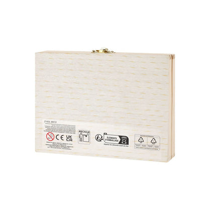 astuccio di legno per colorare, con chiusura e cerniere metalliche.