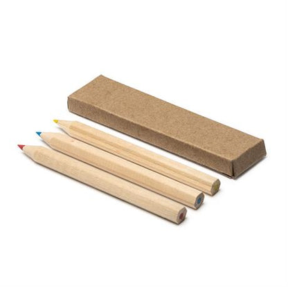 Set di 3 matite in legno in scatola di cartone riciclato.